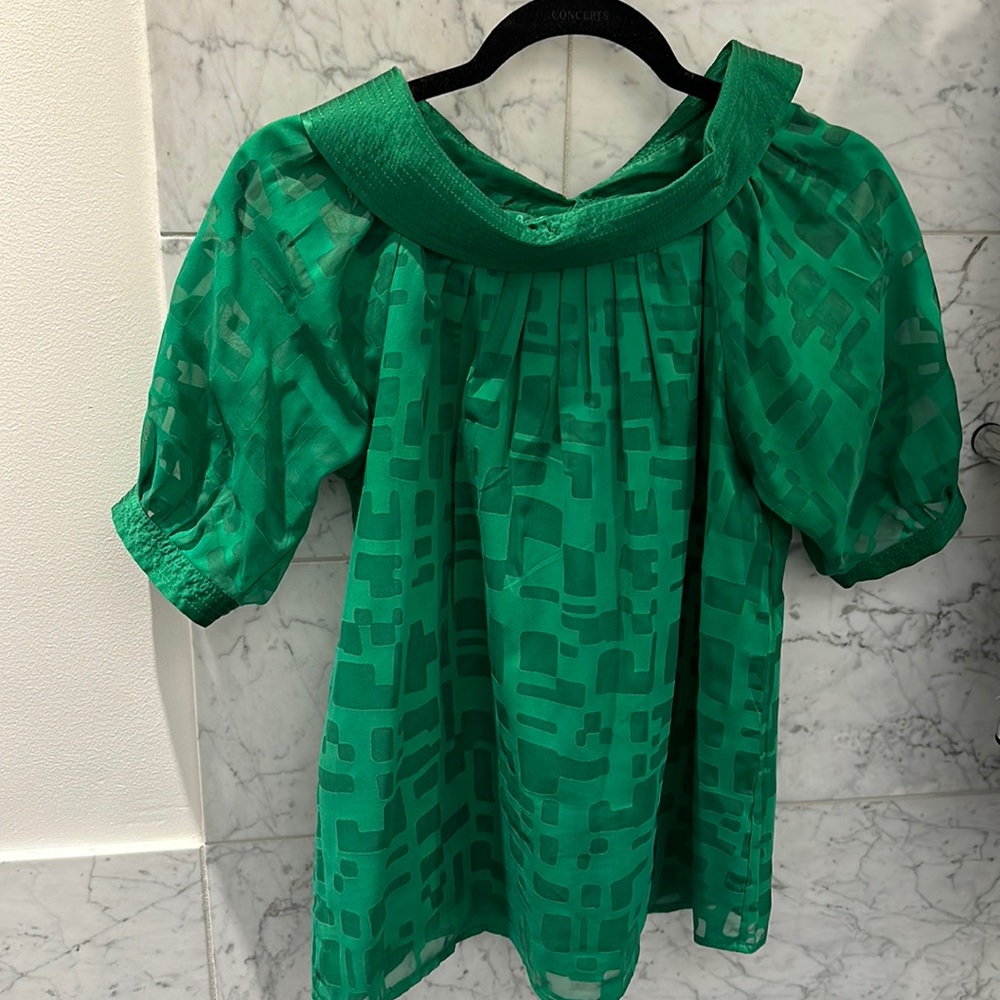Catherine Malandrino green blouse with silk on collar & sleeves